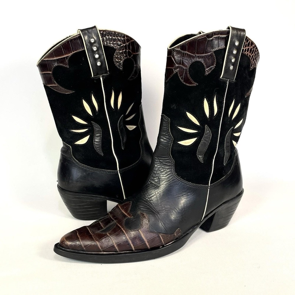 Vintage Vaneli Western Boots Womens 8 Black Suede Croc Inlay Rhinestone Cowboy